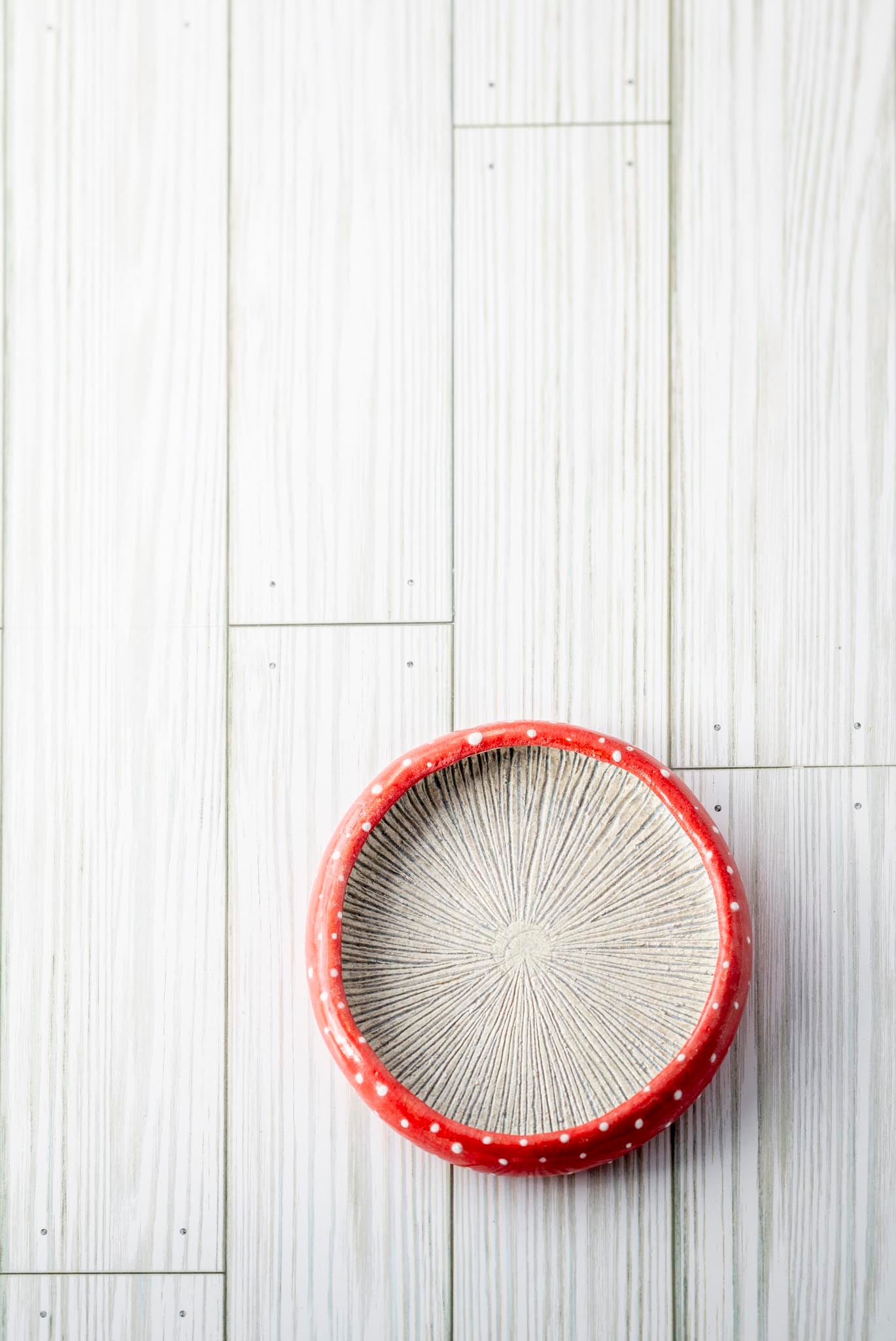 Decorative plate with red rim and textured center on a light wooden floor